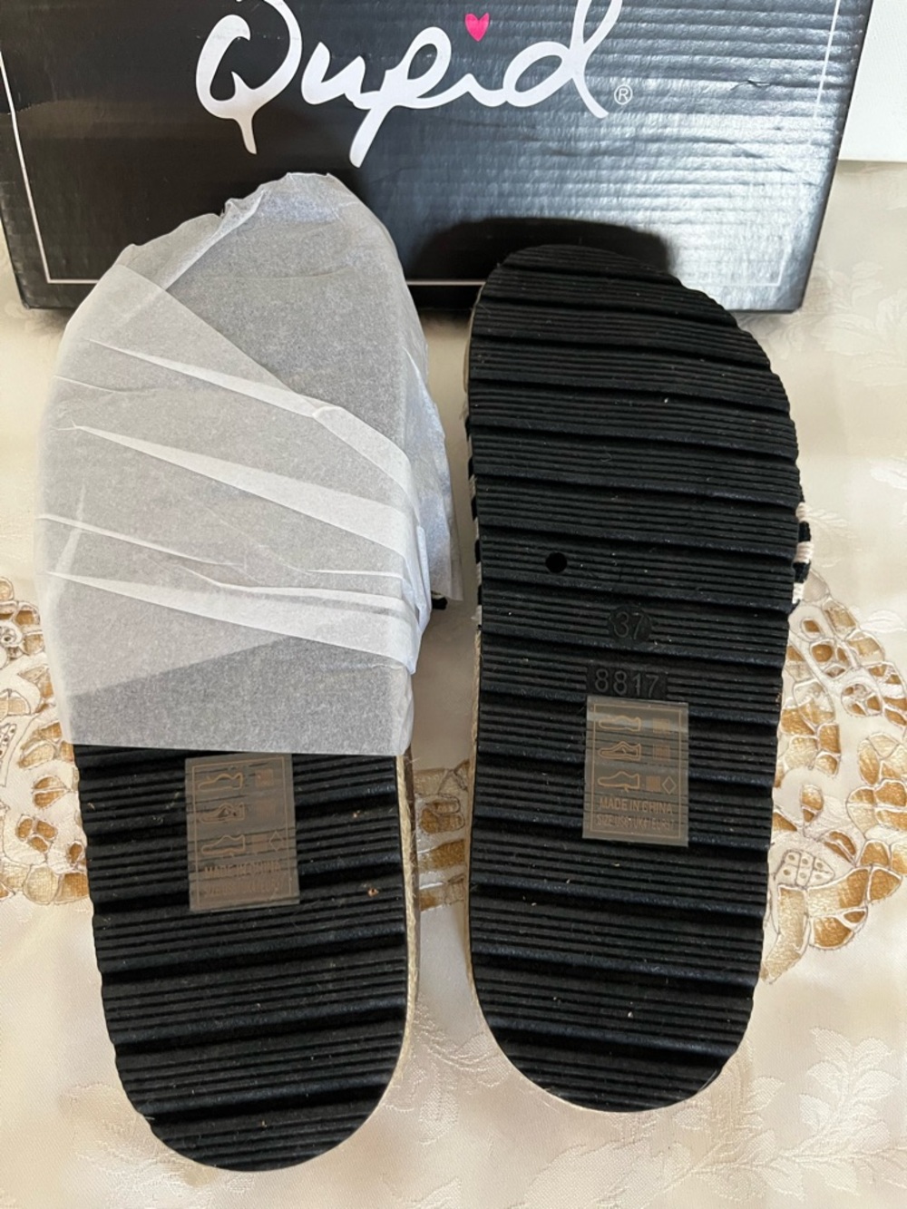 Qupid Black & White Striped Bow Slide Sandals with Tan Footbed - Picture 3 of 3